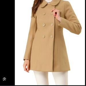 Allegra K Women's Camel Double-Breasted Pea Coat